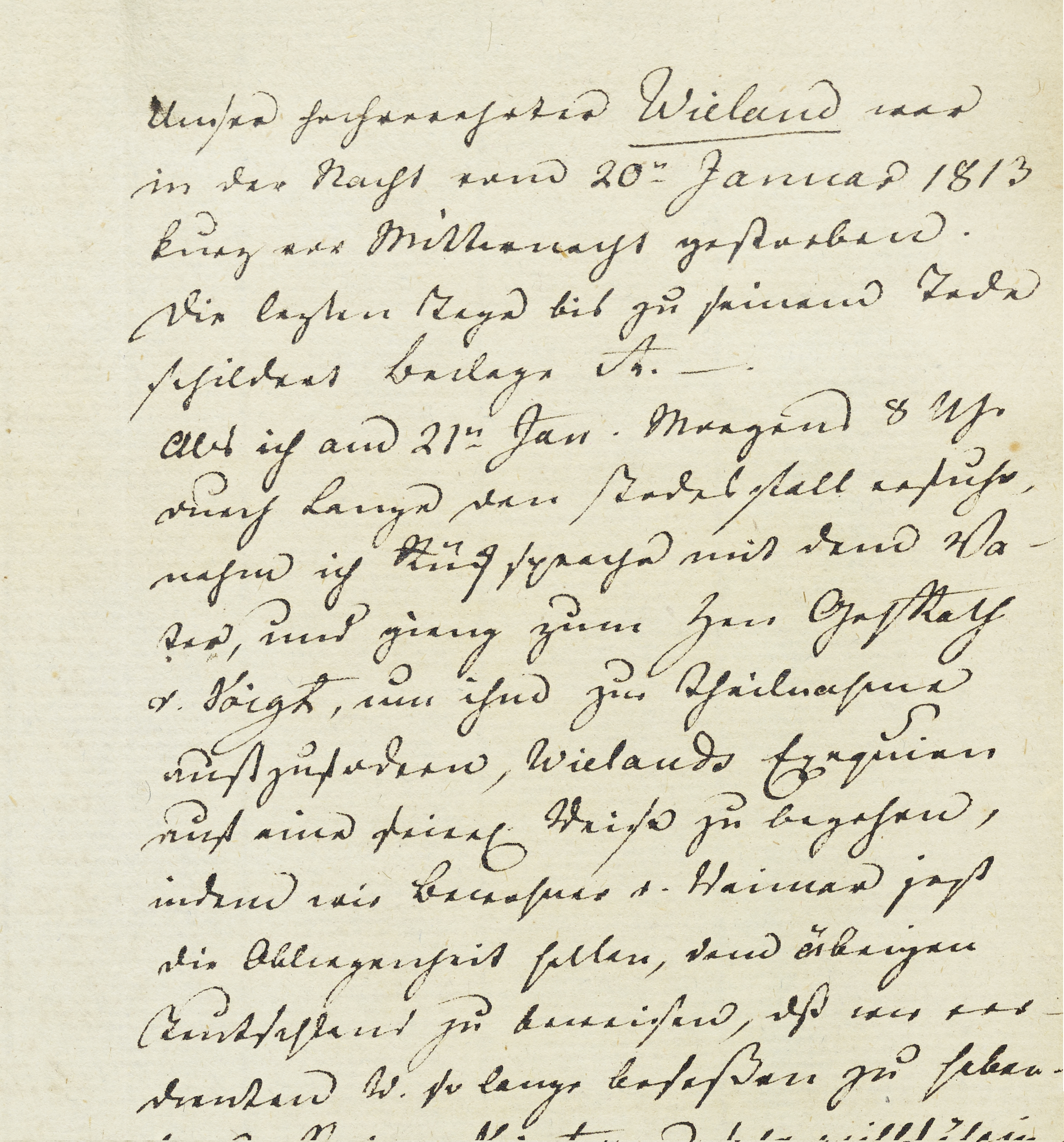 Undatierter und unsignierter Bericht Carl Bertuchs im Konvolut Schriftwechsel, Aufzeichnungen, Notizen und Drucksachen zu Wielands Tod und Begräbnis, S. 1, Detail (GSA 06/3086). Foto: Klassik Stiftung Weimar