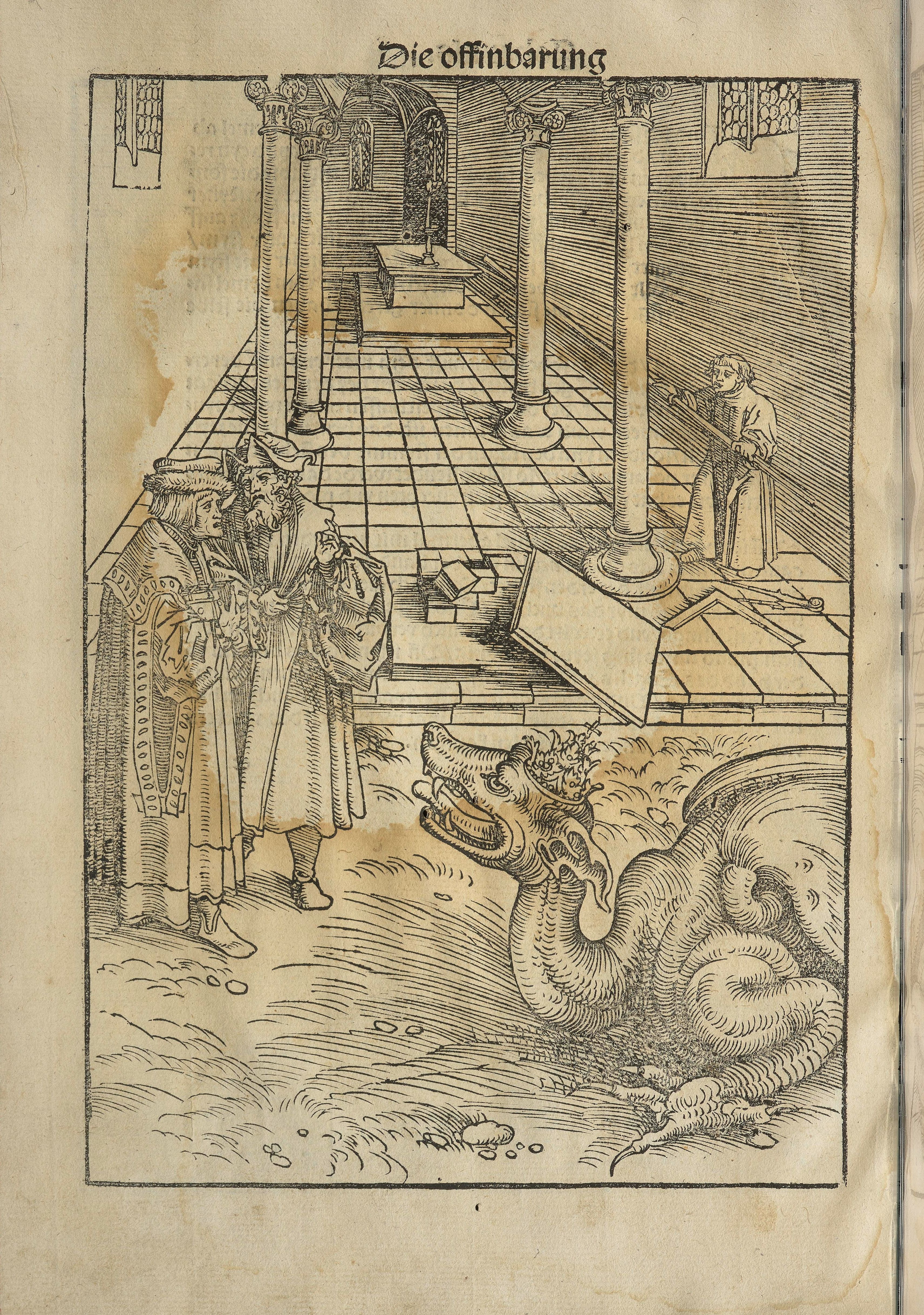 Der Drache und die Hure Babylon mit päpstlicher Tiara (Papstkrone), Holzschnitte von Lukas Cranach d. Ä., Das Newe Testament Deutzsch (Johannesoffenbarung, sog. Septembertestament), gedruckt in Wittenberg im September 1522 durch Melchior Lotter d. J. (Signatur: Cl I: 56 [b], Foto: Digitale Sammlungen der Herzogin Anna Amalia Bibliothek)