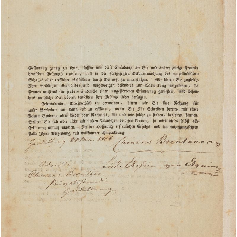 Seite 4 des Zirkulars: eigenhändige Unterschrift von Clemens Brentano, der auch anstelle seines abwesenden Freundes Arnim unterzeichnete, © Klassik Stiftung Weimar
