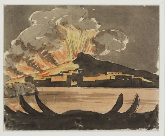 Johann Wolfgang von Goethe: Nächtlicher Vesuvausbruch, Zeichnung von Johann Wolfgang von Goethe, Feder mit Tusche, Aquarellfarben, 1787