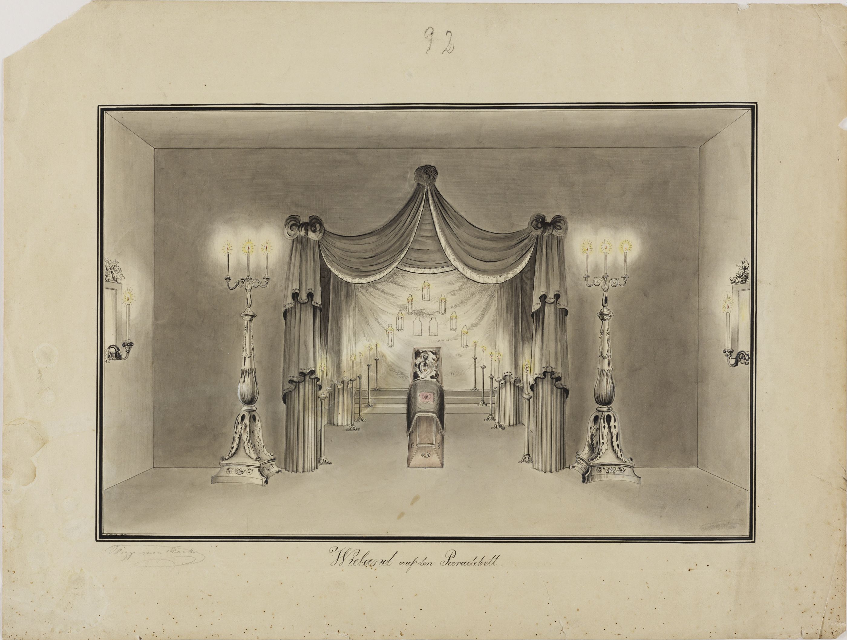 Heinrich Eduard Stark(e), „Wieland auf den [sic!] Paradebett“, aquarellierte Federzeichnung, 1818. Foto: Klassik Stiftung Weimar