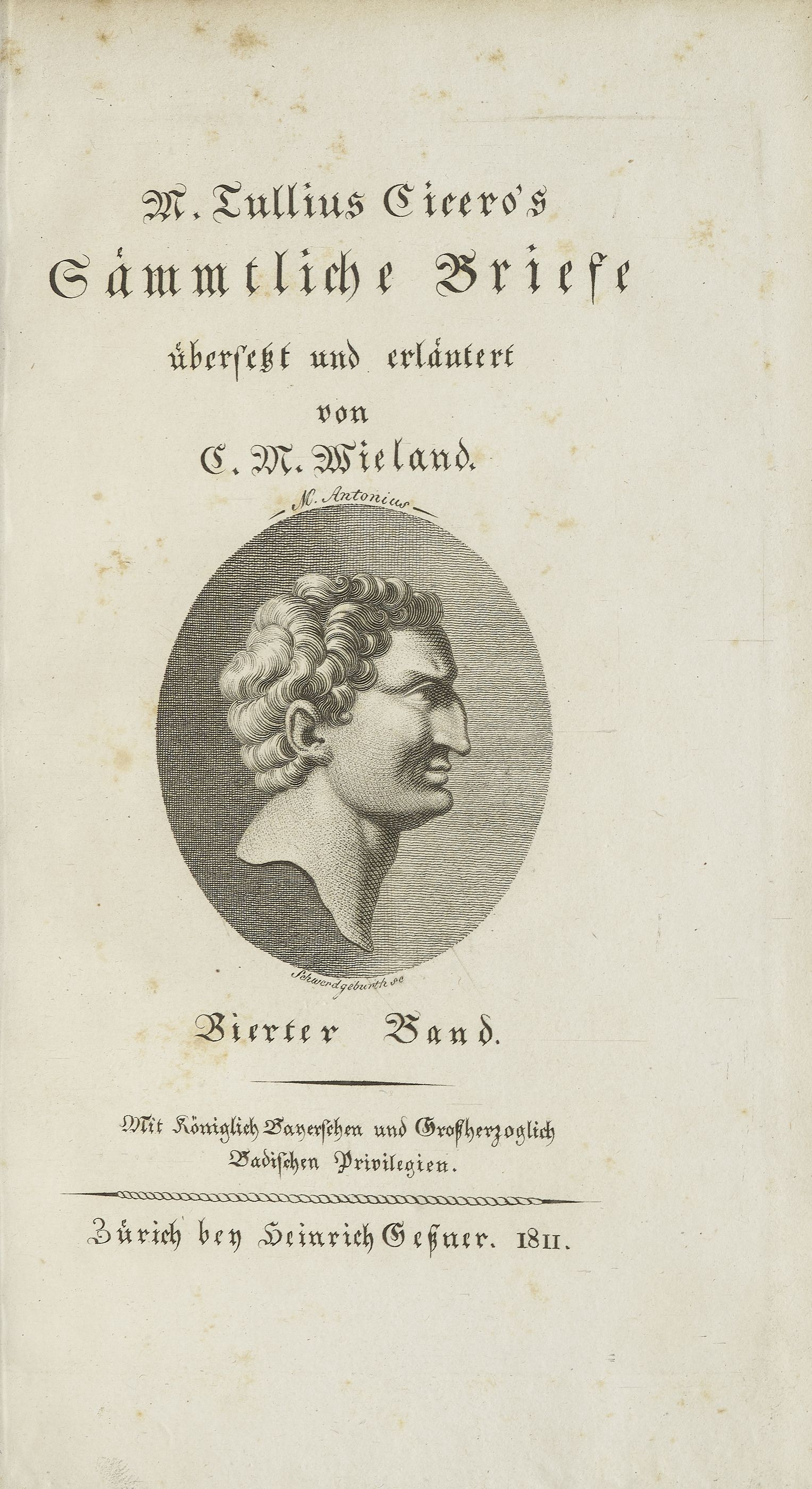 Titelblatt des vierten Bandes von Wielands Übersetzung von M. Tullius Cicero's Sämmtlichen Briefen, Zürich 1811