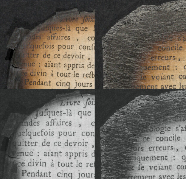 Vergleichende Aufnahmen im sichtbaren (obere Zeile) und im infraroten Licht (untere Zeile) von einer mit Nanocellulose (links) und mit Japanpapier (rechts) behandelten Probe. © Annette T. Keller