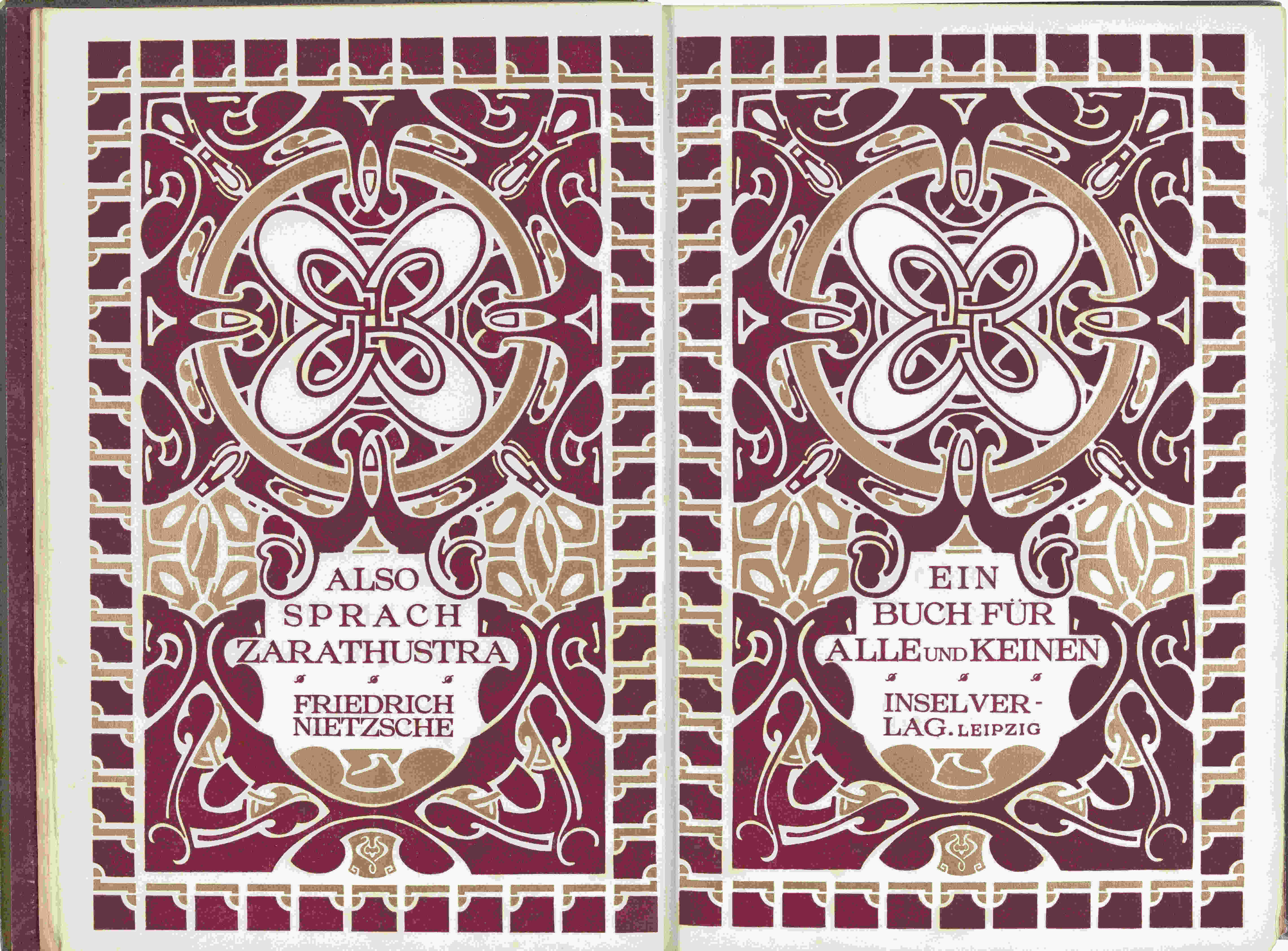 <p>Friedrich Nietzsche: <em>Also sprach Zarathustra. Ein Buch für Alle und Keinen.</em> Leipzig: Insel Verlag, 1908. Vortitel. HAAB-Sign. 7341 – C. © Klassik Stiftung Weimar</p>