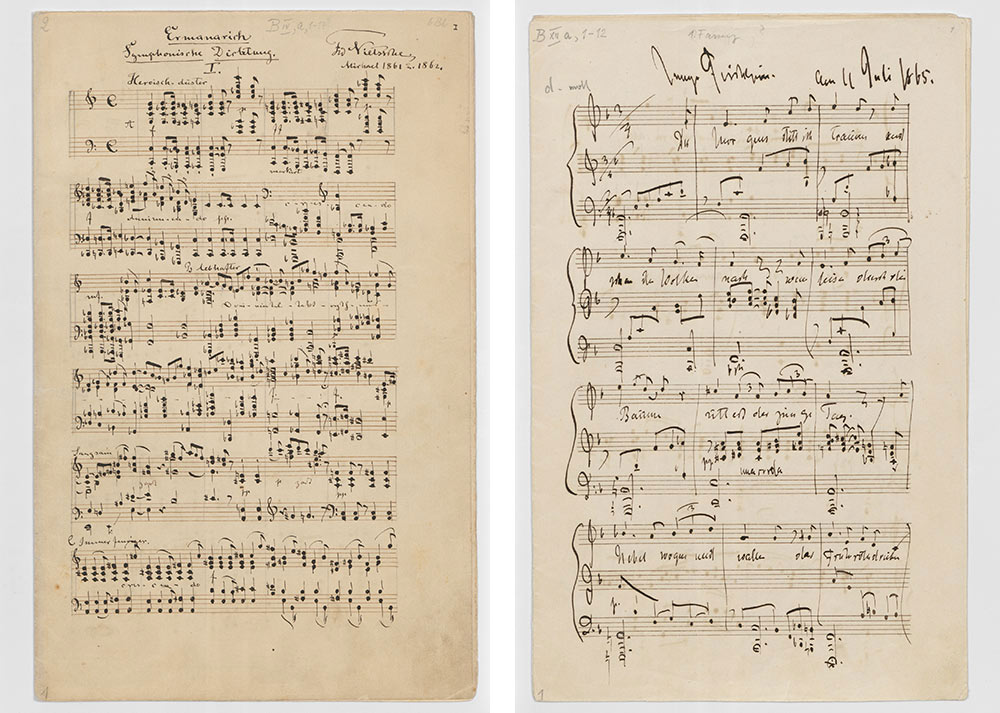 Friedrich Nietzsche, Ermanarich / Symphonische Dichtung.“, Klavierfassung zu zwei Händen, Michaelis 1862 (links), Junge Fischerin, für Singstimme und Klavier (Text: Friedrich Nietzsche), 1. Fassung, 11. Juli 1865 (rechts)